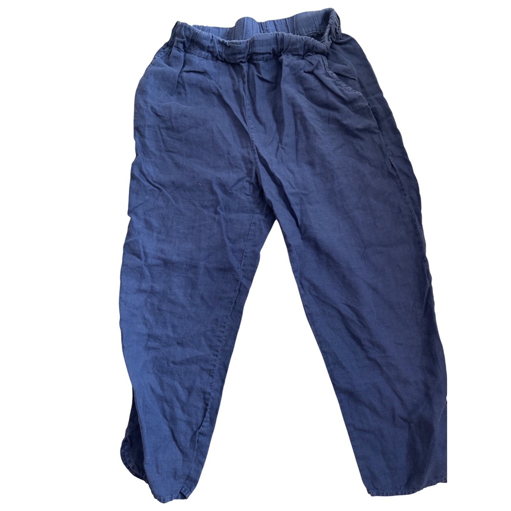 Fresh Produce Navy Blue 100% Linen Elastic Waist‎ Crop Pants Womens Medium